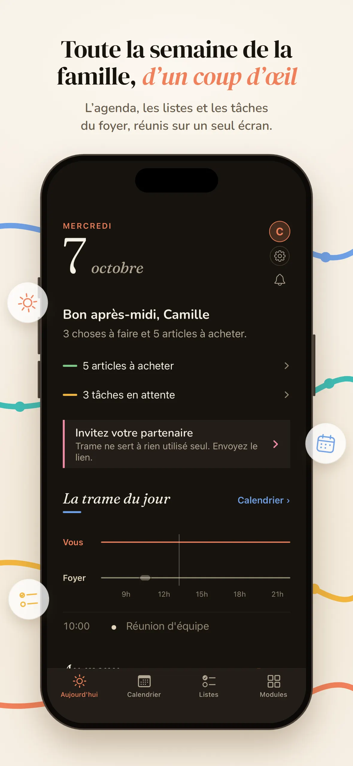 Accueil de Trame : les tâches du jour, les articles à acheter et la trame de la journée.