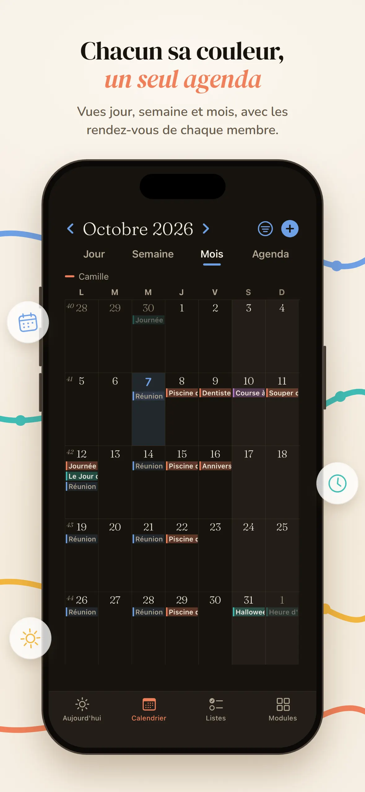 Calendrier du mois avec les rendez-vous de chaque membre du foyer, chacun dans sa couleur.