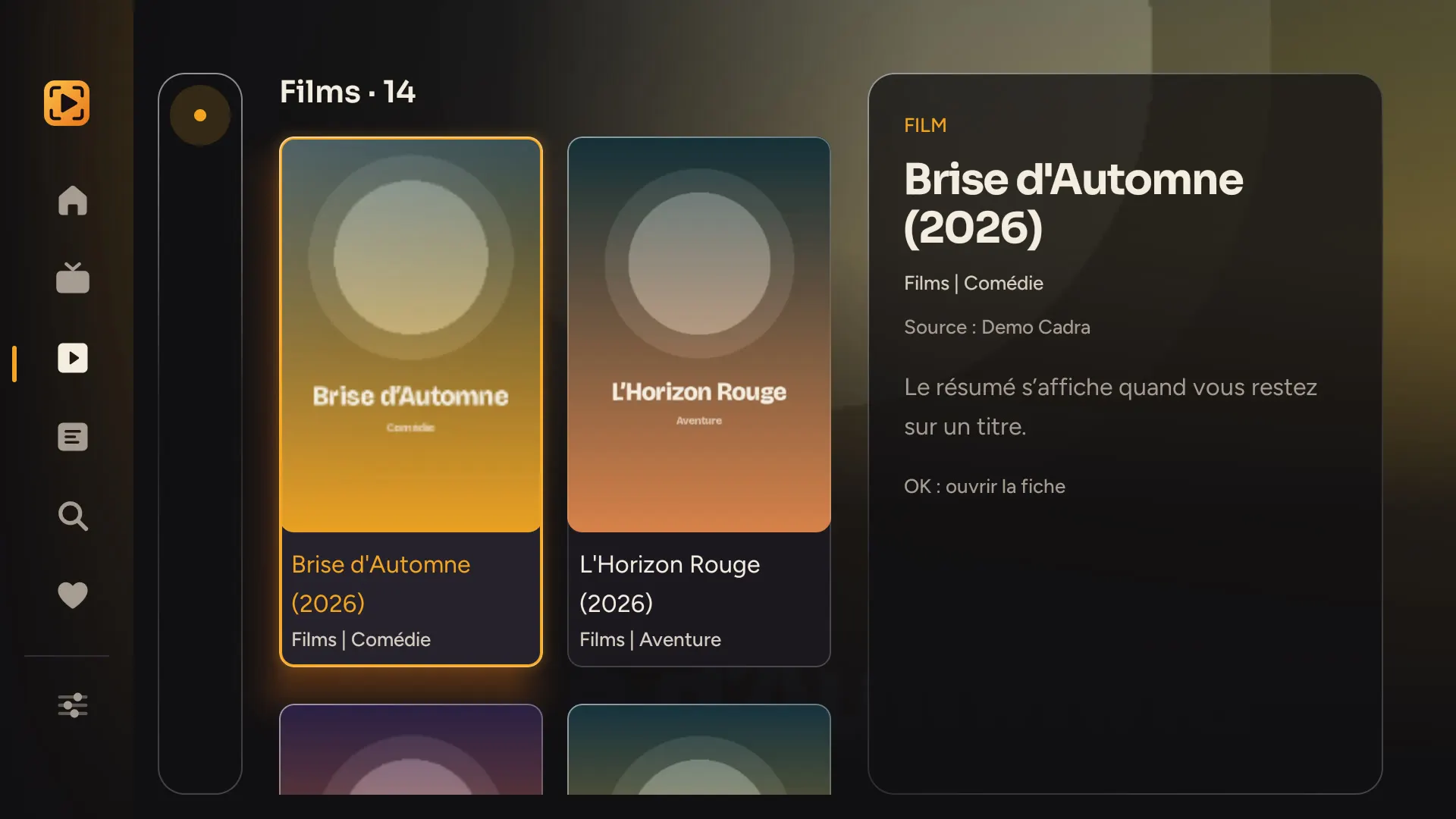 Catalogue de films : grille d’affiches à gauche, fiche du film sélectionné à droite.