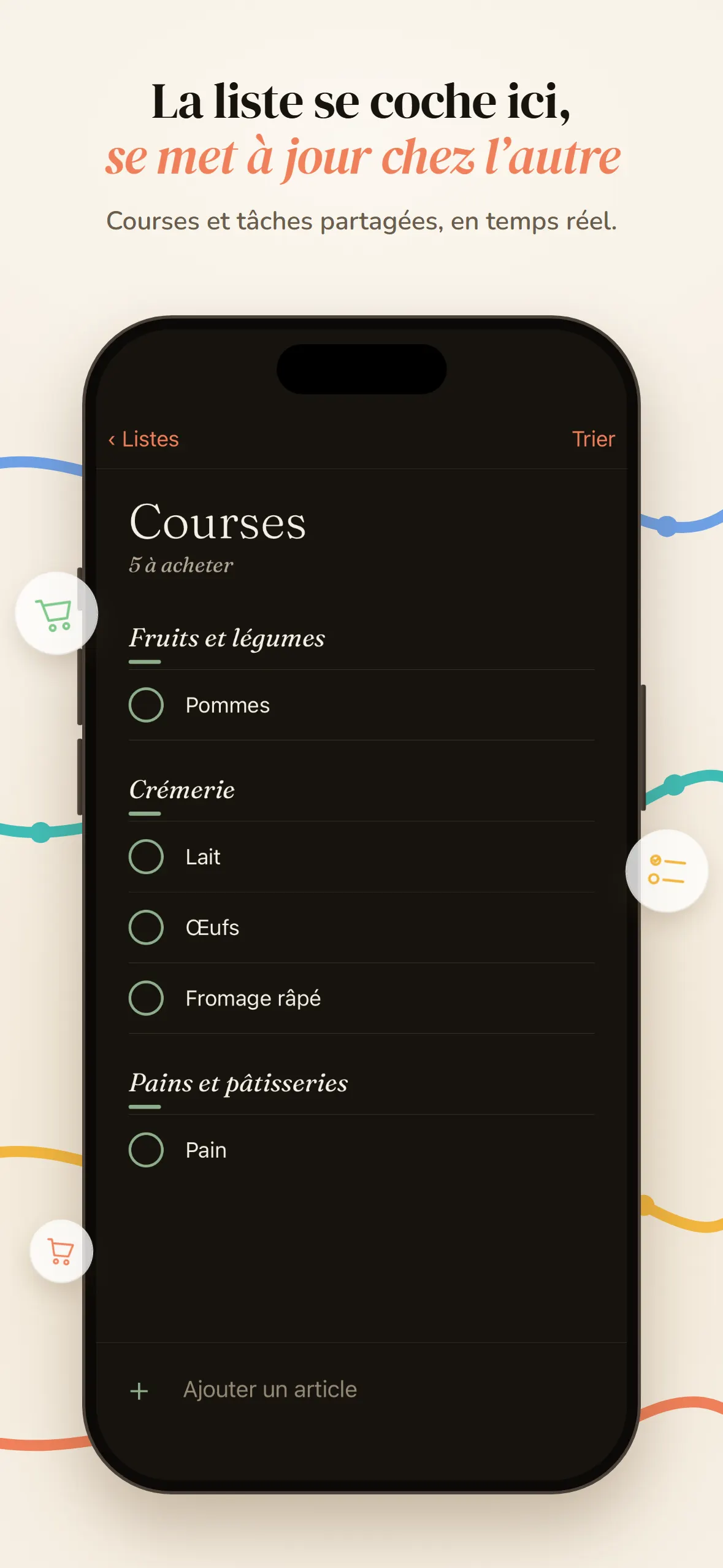 Liste de courses classée par catégories, avec une case à cocher par article.