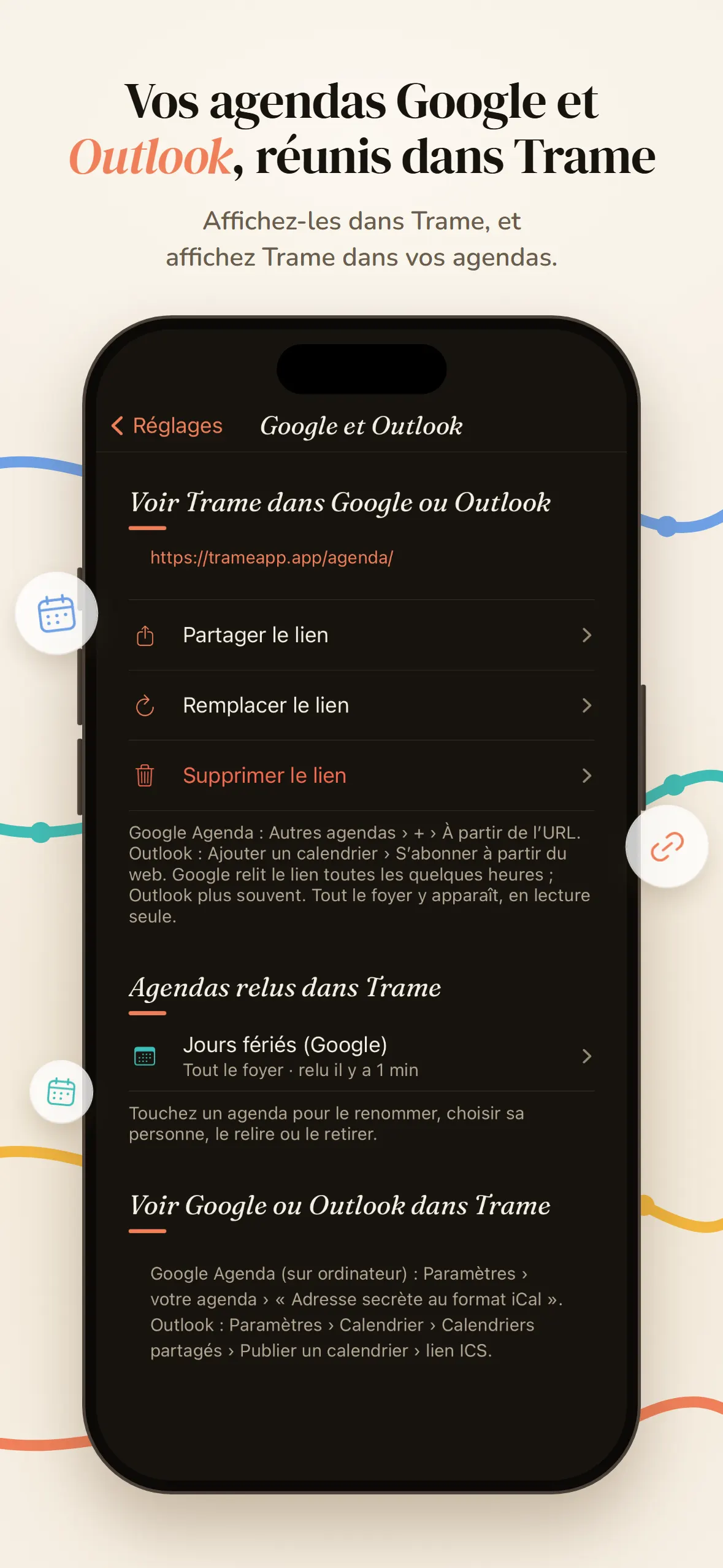 Réglages Google et Outlook : lien d’abonnement à l’agenda du foyer et agendas relus dans Trame.