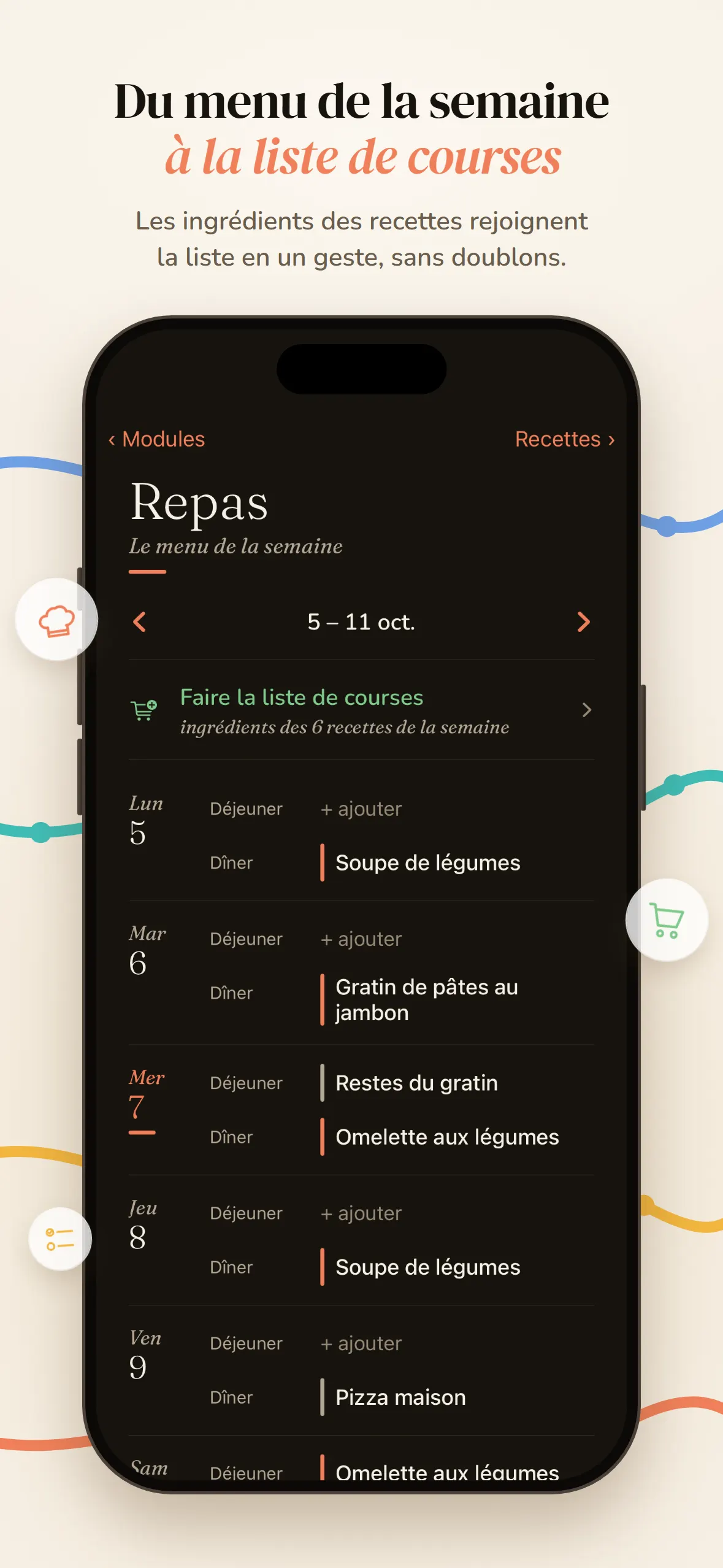 Menu de la semaine : déjeuners et dîners par jour, et bouton pour faire la liste de courses.