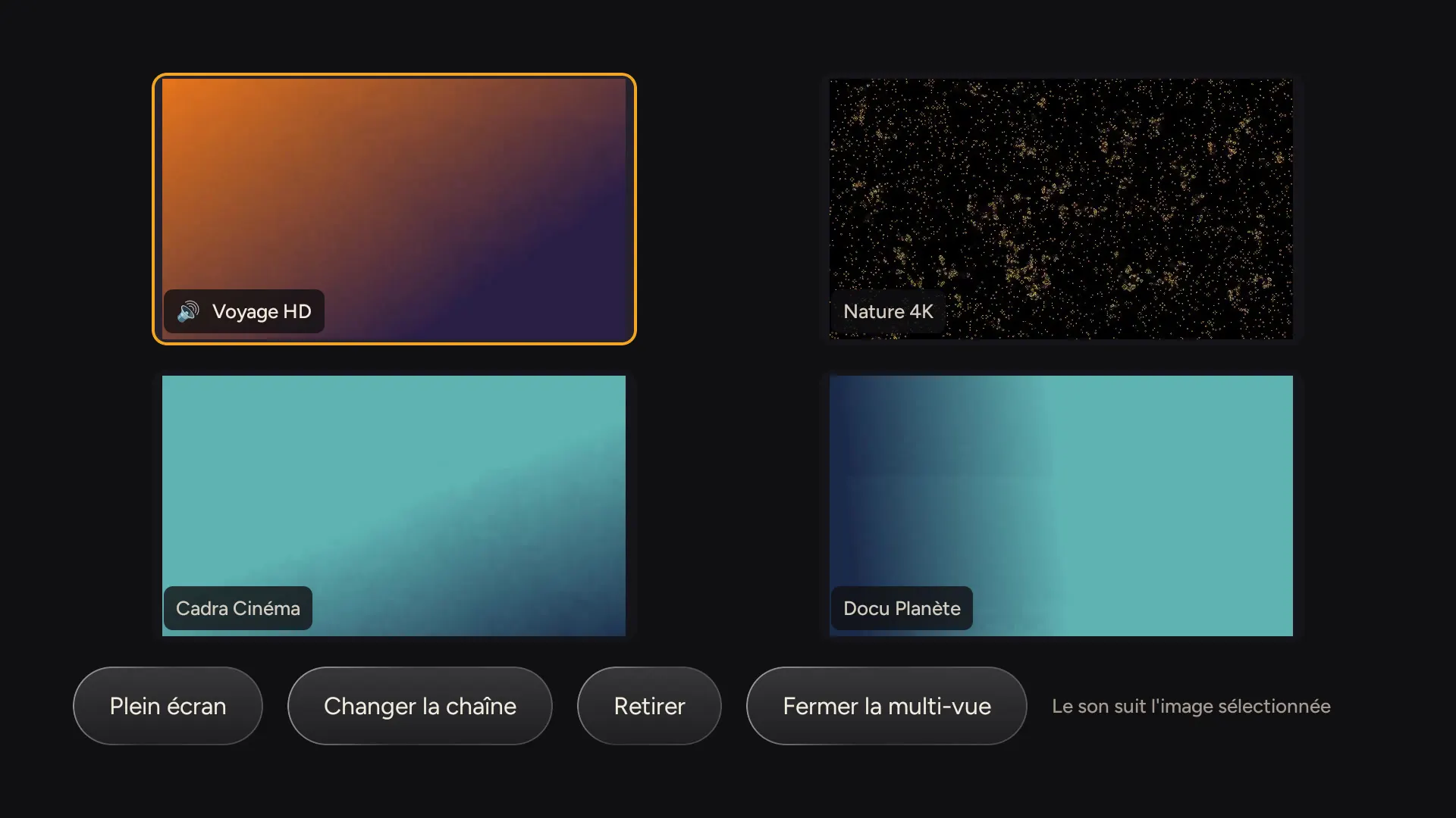 Multivue : quatre flux affichés en même temps, avec les commandes en dessous.